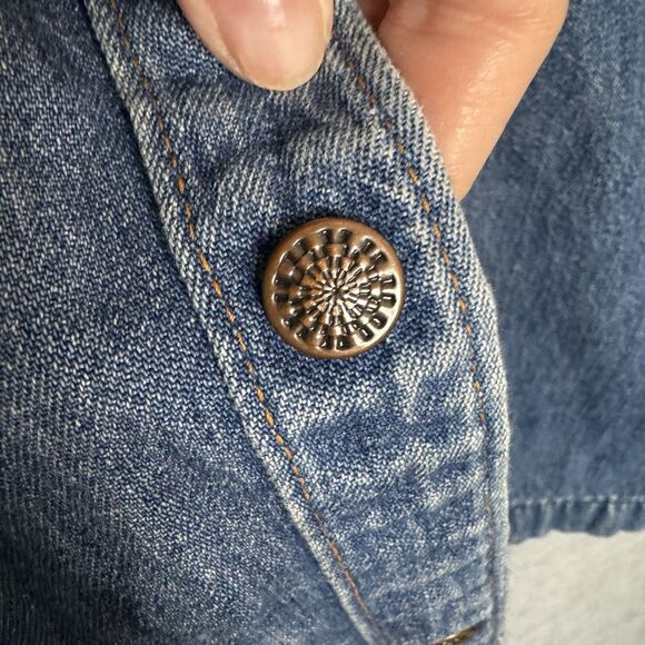 Vintage Denim Chore Jacket Shacket Women LARGE Blue Jean Barn Workwear Destroyed - Picture 7 of 11